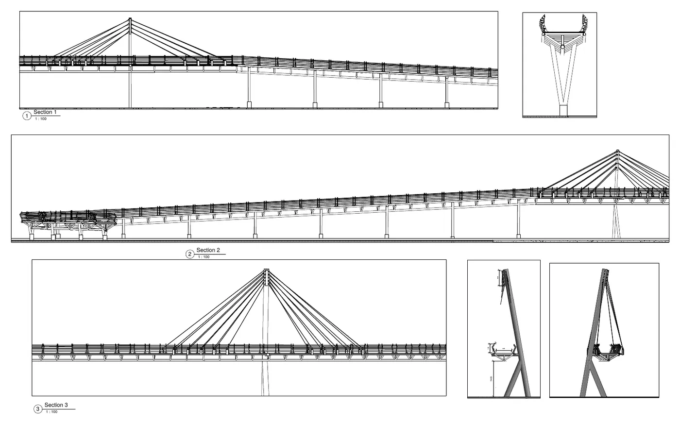 Coupes longitudinales de la passerelle haubanée
